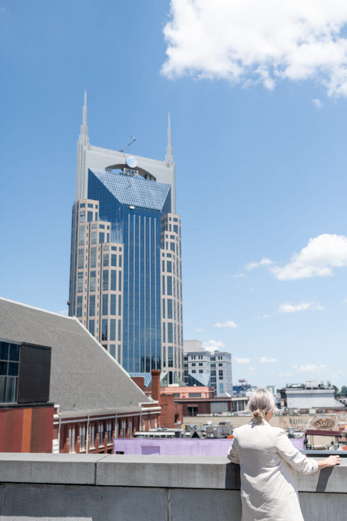 Marcella Lenick Events and Design overlooking downtown Nashville, TN with the AT&T Batman building in the background.